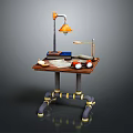 Children's Wooden Desk With Metal Pipe Legs Lamp Books Pencil Case And Two Toy Cars