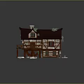Cartoon Chinese Style House With Brown Roof Stone Walls Balcony Decorated Green Plants Small Stones