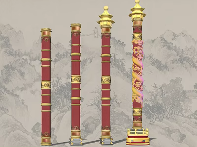 Chinese Traditional Red and Gold Pillars with Dragon Patterns and Ornate Golden Tops 3d model