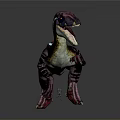 Animated Velociraptor Dinosaur Character With Colorful Red Purple White Stripes Open Mouth Sharp Teeth Claws