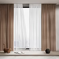 Elegant Modern Layered Brown And White Sheer Curtains With Decorative Vases On Window Sill