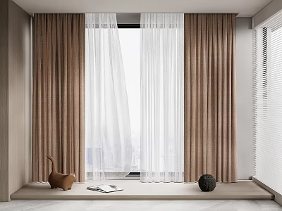 Elegant Modern Layered Brown And White Sheer Curtains With Decorative Vases On Window Sill 3d model