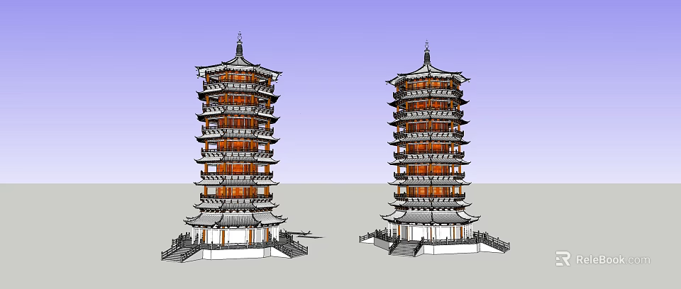 Traditional Chinese Twin Pagodas Multi Story Red White Design With Stone Base 3d model 