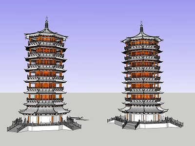 Traditional Chinese Twin Pagodas Multi Story Red White Design With Stone Base 3d model
