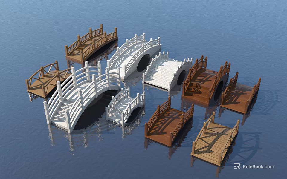 Varied Landscape Bridges with Wooden and White Arch and Flat Designs on Water with Reflections 3d model 