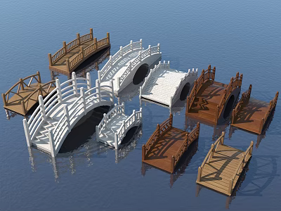 Varied Landscape Bridges with Wooden and White Arch and Flat Designs on Water with Reflections 3d model