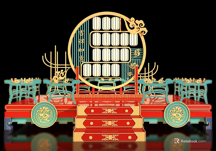 Traditional Chinese Photo Check-in Spot With Golden Carving Round Frame And Red Steps 3d model 