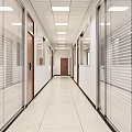 Modern Office Hallway With Glass Doors Blinds White Walls Ceiling Lights And Light Tile Flooring