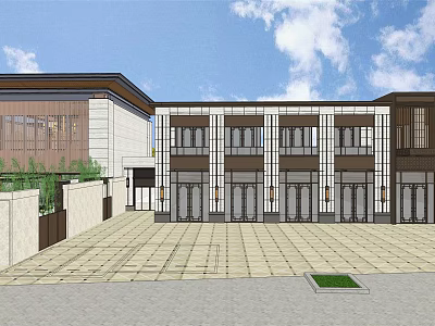 Modern Urban Building Complex With Stone Glass Facade And Courtyard Plaza Under Blue Sky 3d model