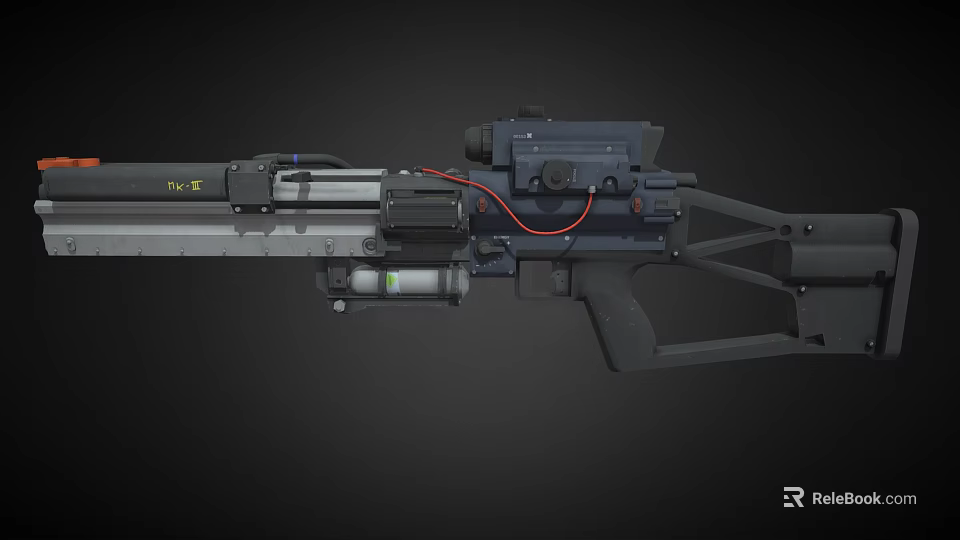 Futuristic Weapon With Metallic Body Red Wire Green Component And Tactical Scope 3d model 