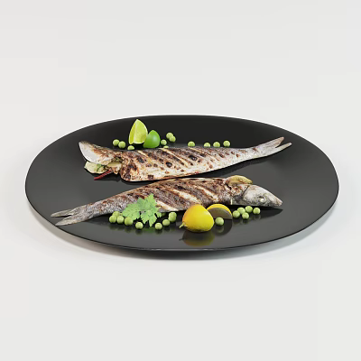 Grilled Fish Served on Black Plate with Lime Lemon Peas and Parsley 3d model