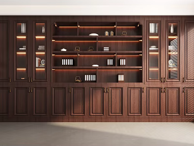 Modern Wooden Built in Bookcase with Glass Doors Shelves and Decorative Items 3d model