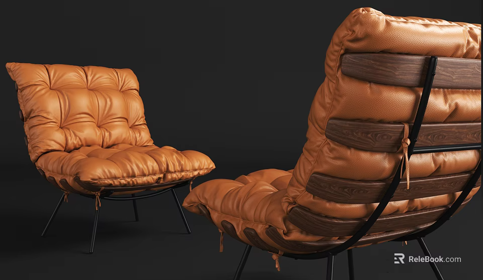 Modern Brown Leather Lounge Chair Design With Wooden Panels And Black Metal Legs 3d model 