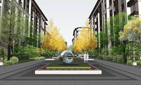 Modern residential area, residential area, landscape, residential space, plants 3d model