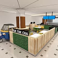 Tuk Tuk Cafe Interior With Blue Tuk Tuk Vehicle Green Plant Wall And Wooden Counter