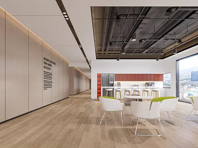Modern Office Pantry Interior Design With Tables Chairs Cabinets And Lighting Fixtures 3d model