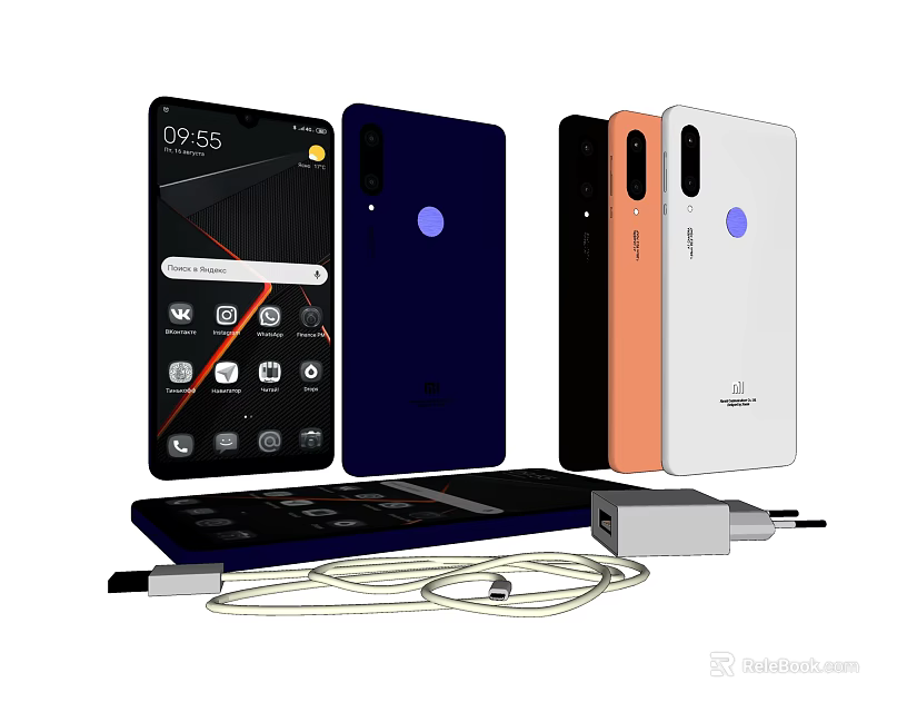 Colorful Mobile Phones Front Back Views With Charger And Data Cable 3d model