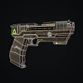 Futuristic Weapon Pistol Design With Green Indicators Yellow Warning Signs And Metallic Grip Texture