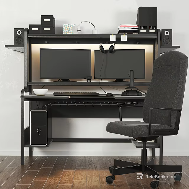 Modern Computer Desk And Chair Set With Dual Monitors And Shelf Storage 3d model 
