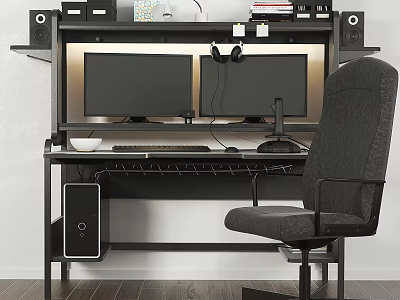 Modern Computer Desk And Chair Set With Dual Monitors And Shelf Storage 3d model