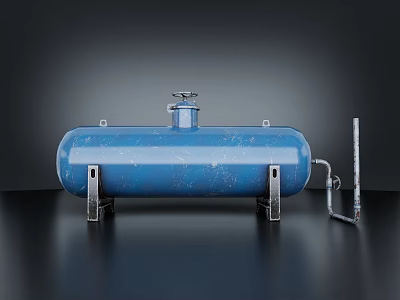 Industrial Steel Pipes Connected To Blue Storage Tank With Metal Stands And Valve 3d model