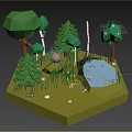 Cartoon Forest Scene with Green Trees Small Pond Lush Grass and Colorful Flowers