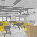 Bright White Bakery Cafe Exterior With Yellow Awning Windows And Outdoor Seating
