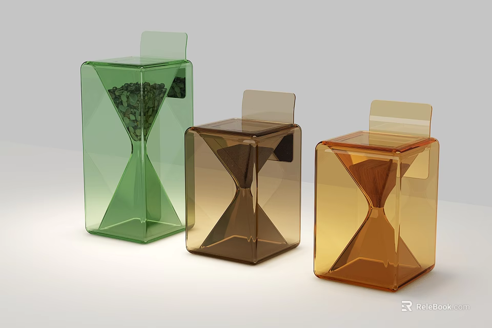 Decorative Ornaments Set Featuring Three Geometric Hourglasses In Green Brown And Amber Transparent Design 3d model 
