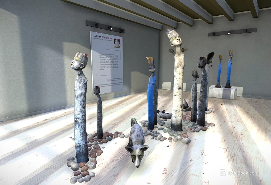 Indoor Sculpture Exhibition With Humanoid Animal Figures Pebbles And Wooden Ceiling 3d model 