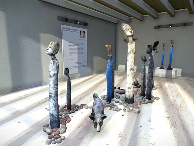 Indoor Sculpture Exhibition With Humanoid Animal Figures Pebbles And Wooden Ceiling 3d model