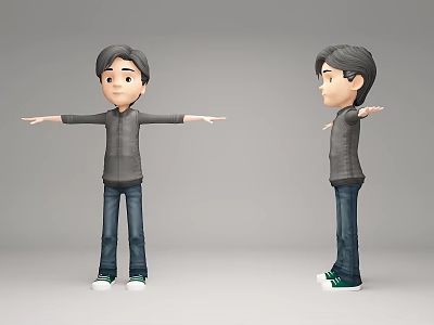 Cartoon Boy Character With Gray Hoodie Blue Jeans And Outstretched Arms Front Side View 3d model