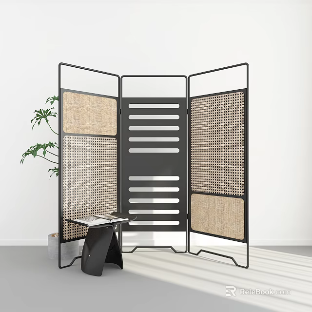 Modern Three Panel Room Divider With Black Frame Woven Panels And Vertical Slats 3d model