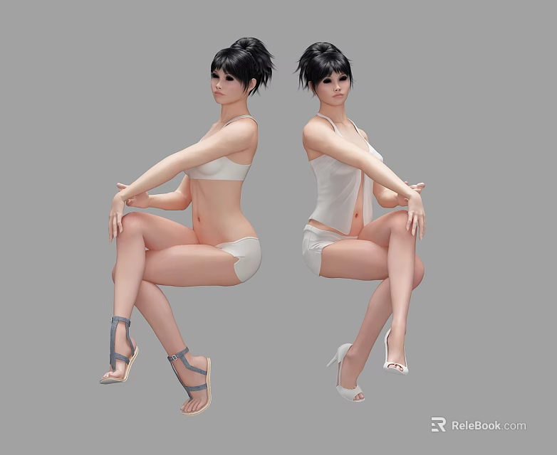 Women In White Lingerie And Top Sitting With Crossed Legs Wearing High Heels 3d model 