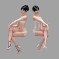 Women In White Lingerie And Top Sitting With Crossed Legs Wearing High Heels