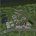Aerial View of School Campus with Multiple Buildings Green Surroundings Lake and Football Field