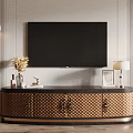 Modern Woven Design TV Stand With Gold Handles Decorative Items Wall-Mounted TV Striped Wallpaper