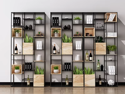 Modern Metal Frame Storage Shelves with Wooden Boxes Green Plants and Decor Books 3d model