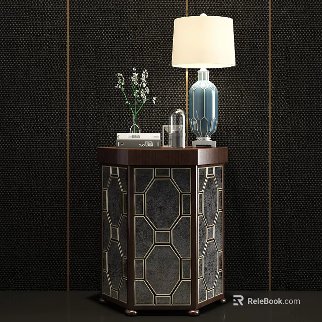 Dark Wooden Side Table With Geometric Pattern Table Lamp And Vase On Dark Textured Wall 3d model