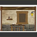 Rustic Medieval Miniature Room Model With Stone Walls Arched Door Wooden Table And Bench