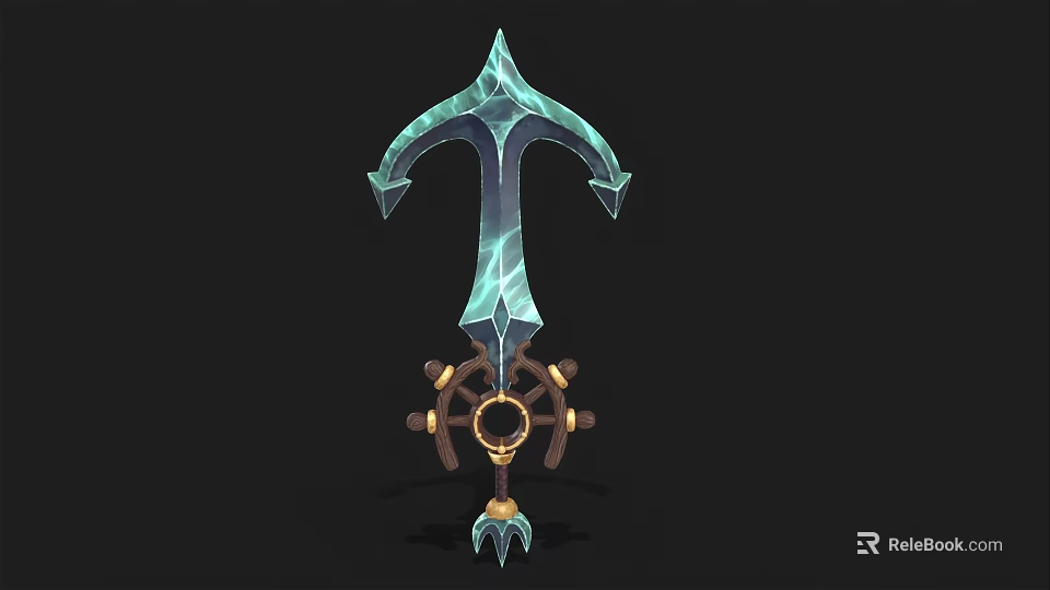 Crystal Blue Decorative Sword With Ship Wheel Base And Golden Ring Spikes 3d model 