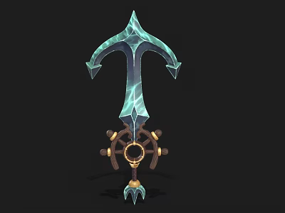 Crystal Blue Decorative Sword With Ship Wheel Base And Golden Ring Spikes 3d model
