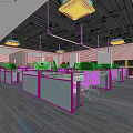 Modern Open Public Office Space Featuring Desks Computers Partitions Ceiling Lights Green Plants and People