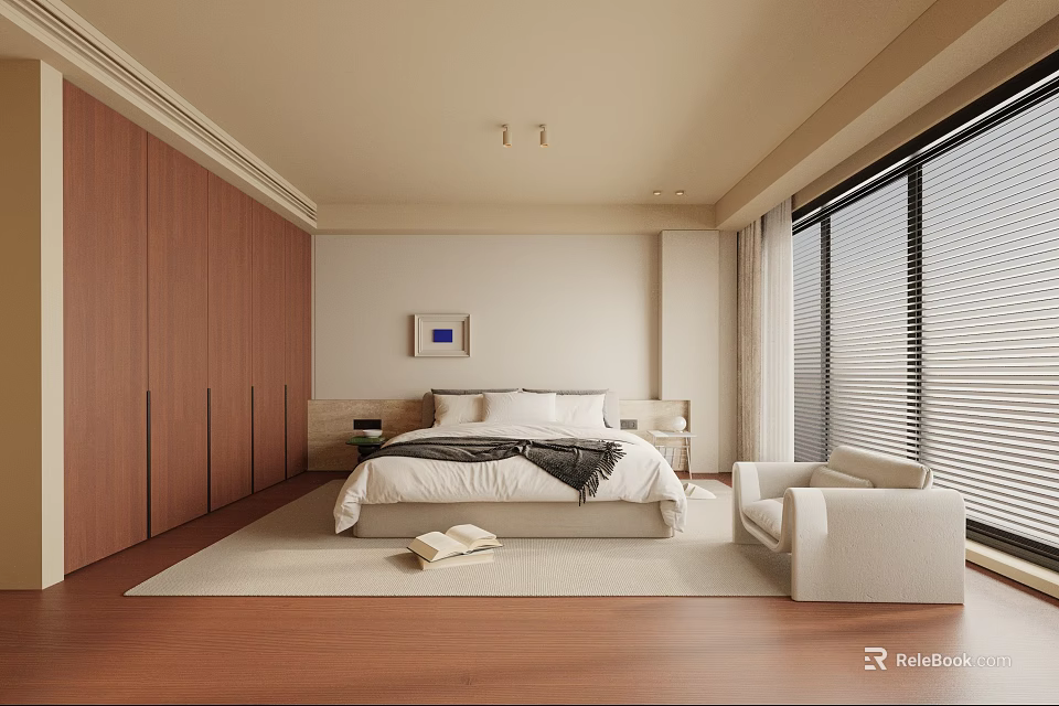Modern Bedroom Interior With Wooden Floor Large Wardrobe White Bed And Armchair 3d model 