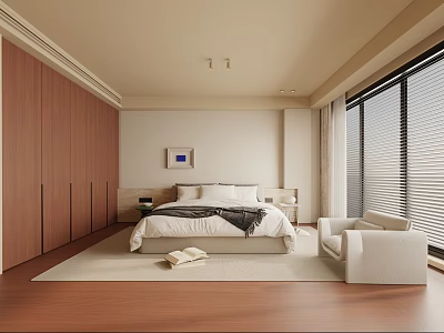 Modern Bedroom Interior With Wooden Floor Large Wardrobe White Bed And Armchair 3d model