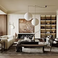 Modern Living Room Interior With White Sofa Wooden Coffee Table Pendant Lights Fireplace And Bookshelves