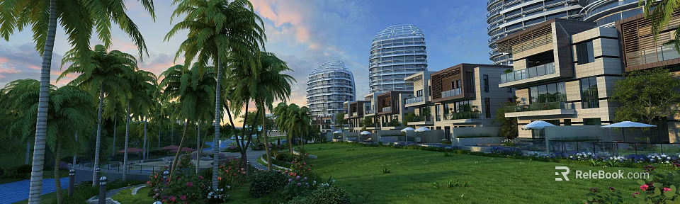 Luxurious Garden Landscape with Lush Green Lawn Tall Palm Trees Modern Buildings and Colorful Flower Beds 3d model 