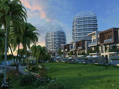 Luxurious Garden Landscape with Lush Green Lawn Tall Palm Trees Modern Buildings and Colorful Flower Beds 3d model