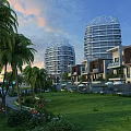Luxurious Garden Landscape with Lush Green Lawn Tall Palm Trees Modern Buildings and Colorful Flower Beds