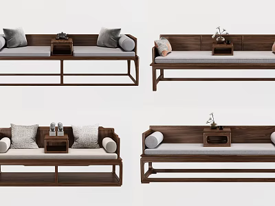 Traditional Chinese Daybed with Wooden Frame Cushioned Seats and Small Tea Table 3d model