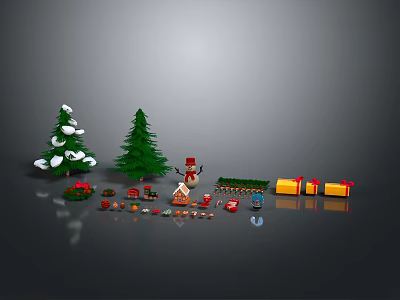 Festive Christmas Scene Decorations With Snowy Green Pine Trees Snowman Gift Boxes Wreath And Ornaments 3d model